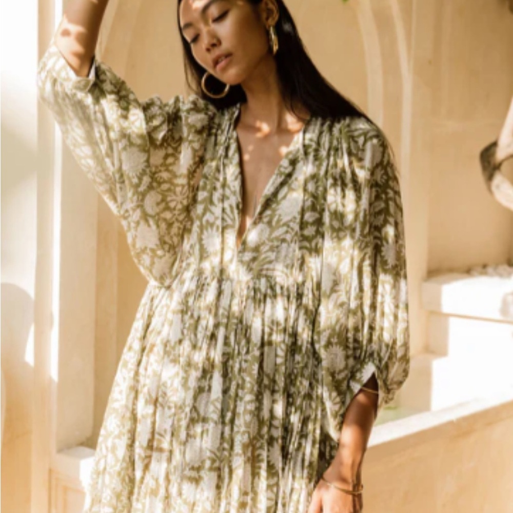 NWT Daughters of India Kyra Midi Dress - Block Print by Hand in Olive and Cream